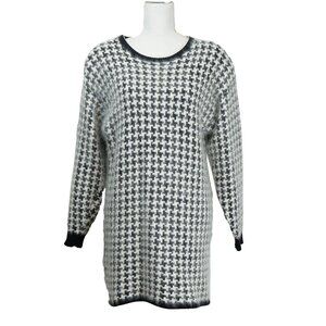 Vintage 90s Wool Sweater Fuzzy Houndstooth Angora Blend Scoop Tunic Mini Dress